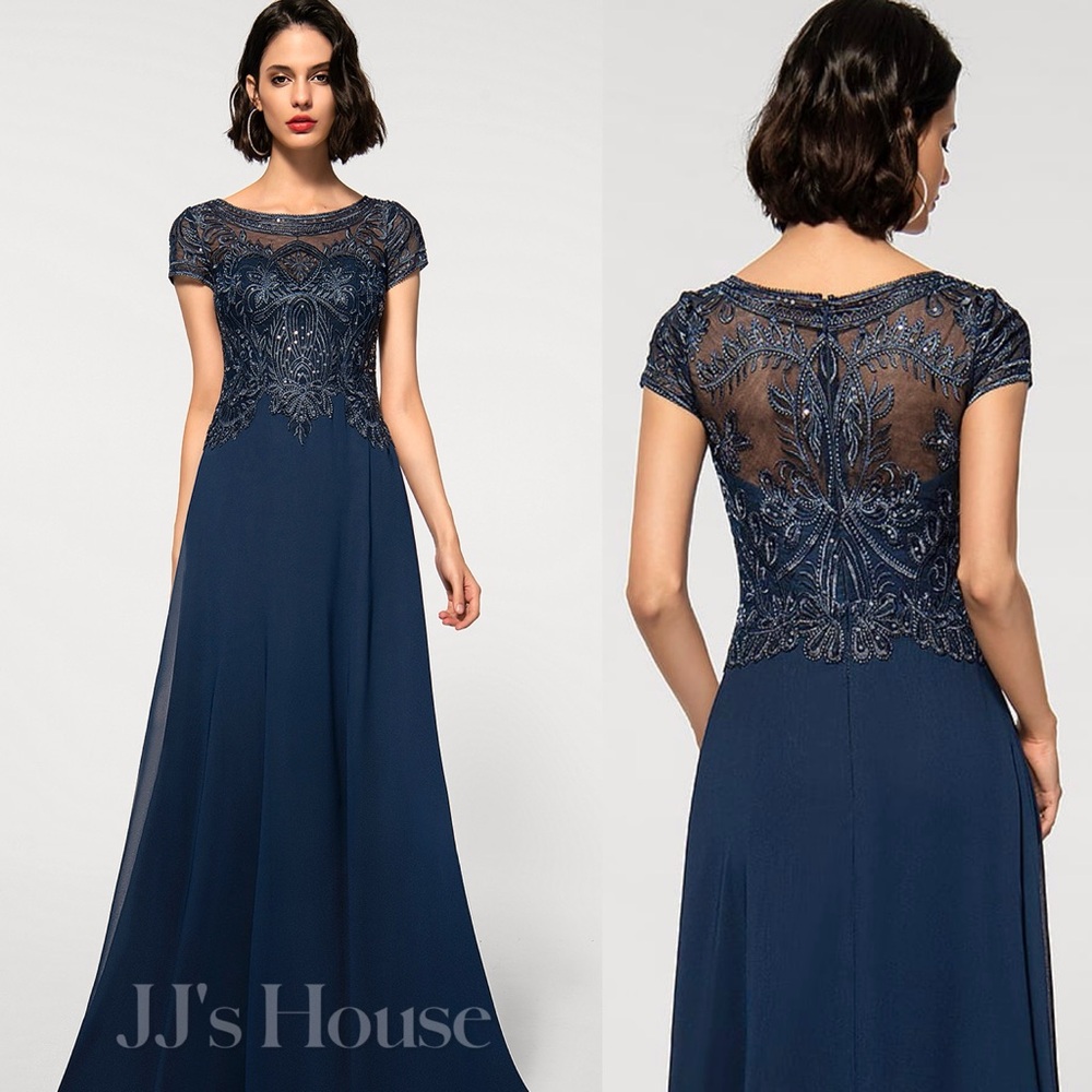 NWT JJ’s House A-Line Lace Chiffon Evening Gown With Sequins in Dark Navy | 16